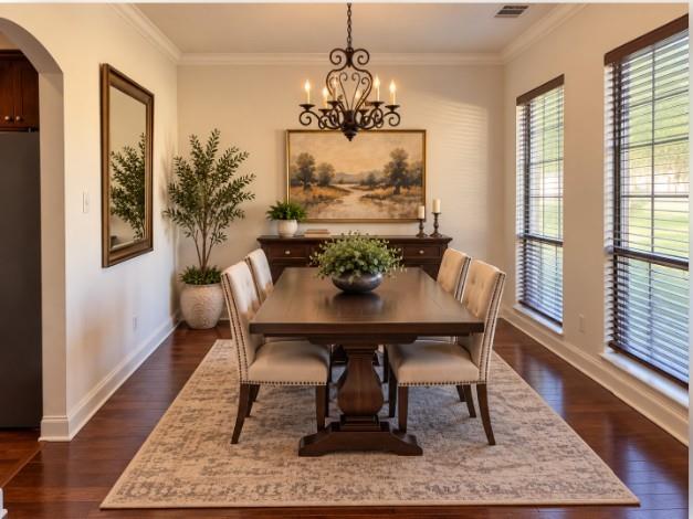 Dining area featuring hardwood flooring, iron chandelier, crown molding.