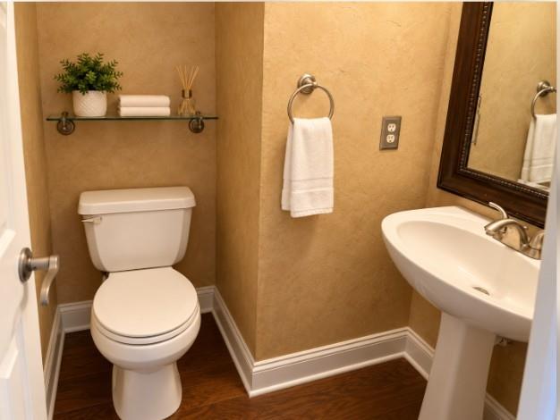 Down Stairs Guest Bath - Pedestal sink with polished metal faucet, textured wall finish, and hardwood flooring.