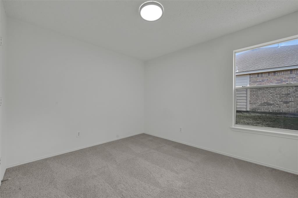 Neutral-toned wall paint, plush carpeting, a single-pane window, and a flush-mount overhead light fixture
