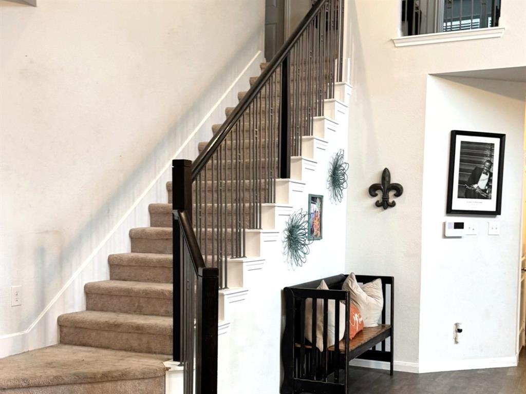 Staircase featuring dark wood-finish handrails, vertical metal balusters, and carpeted treads