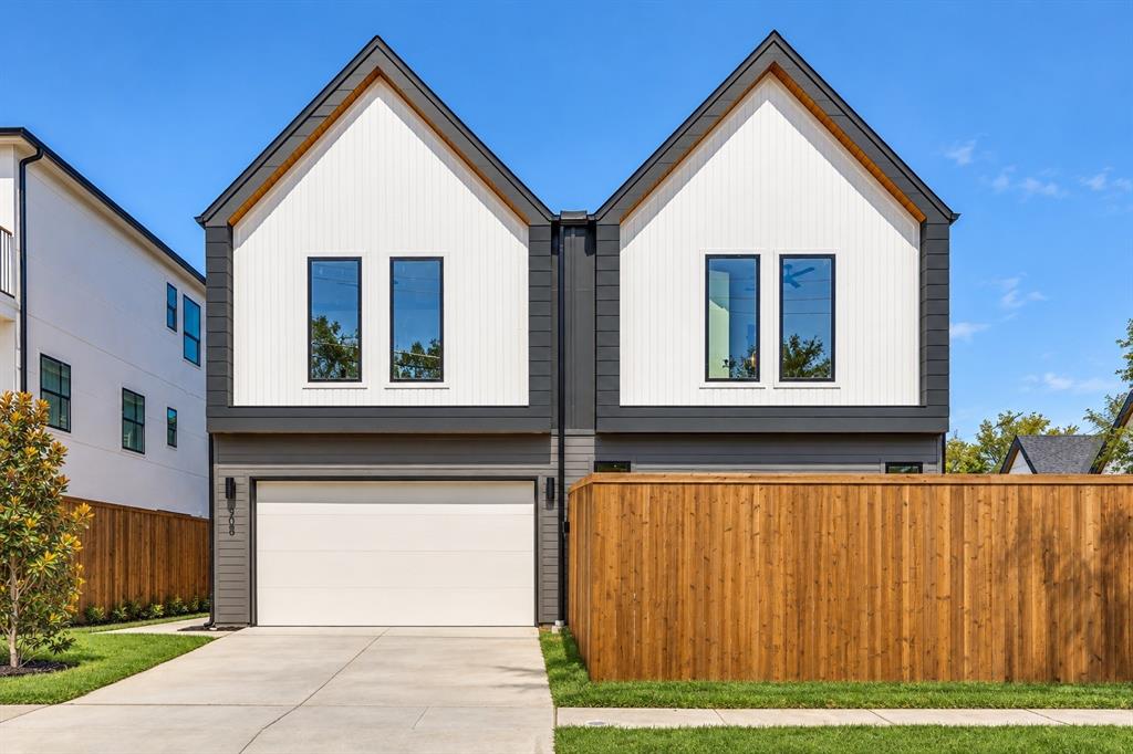 Contemporary facade featuring vertical white siding and dark gray horizontal siding