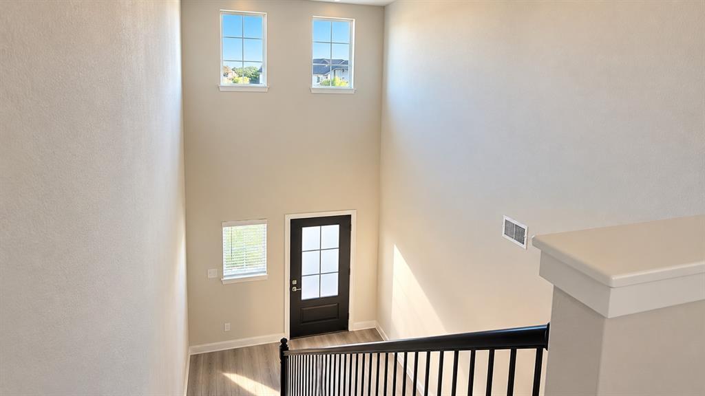 Two-story foyer featuring high ceilings, multi-pane windows, wood-finish flooring, and a staircase with a black metal railing