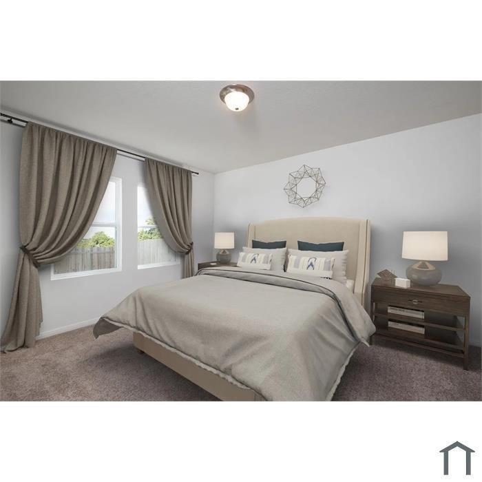 Neutral-toned wall paint, plush carpeting, double windows, and flush-mount ceiling lighting