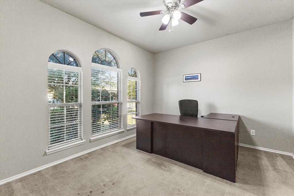 Room featuring arched windows with fanlight detailing, neutral wall tones, carpet flooring, and a ceiling fan with integrated lighting Room featuring arched windows with fanlight detailing, neutral wall tones, carpet flooring, and a ceiling fan with integrated lighting