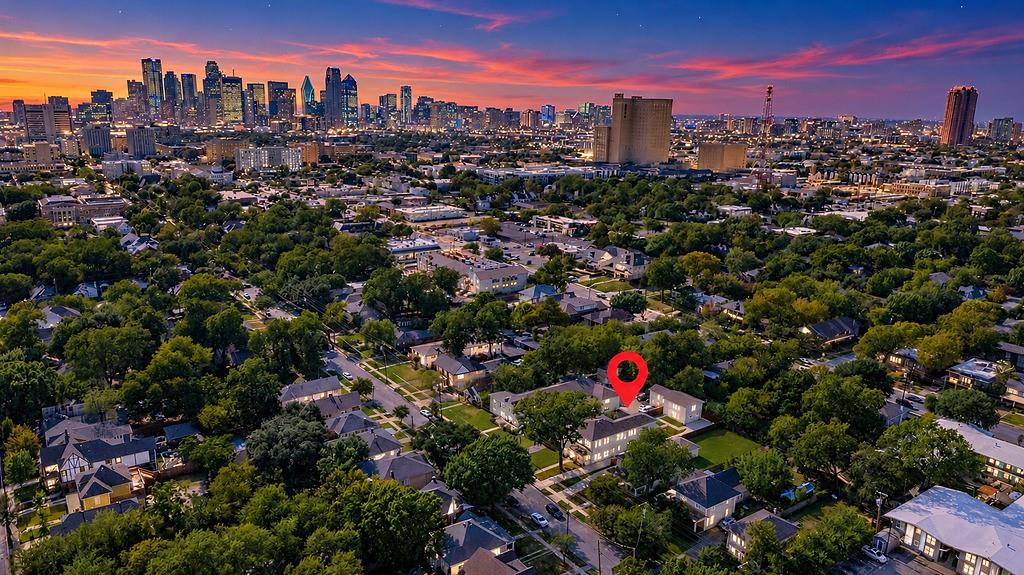 Aerial at dusk: 4631 Junius St sits just minutes from Downtown Dallas, Baylor Medical Center, Deep Ellum & White Rock Lake inside the Historic Conservation District