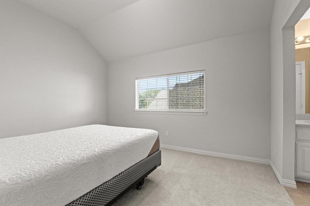 Vaulted ceiling, neutral wall tones, wall-to-wall carpeting, and a rectangular window with horizontal blinds