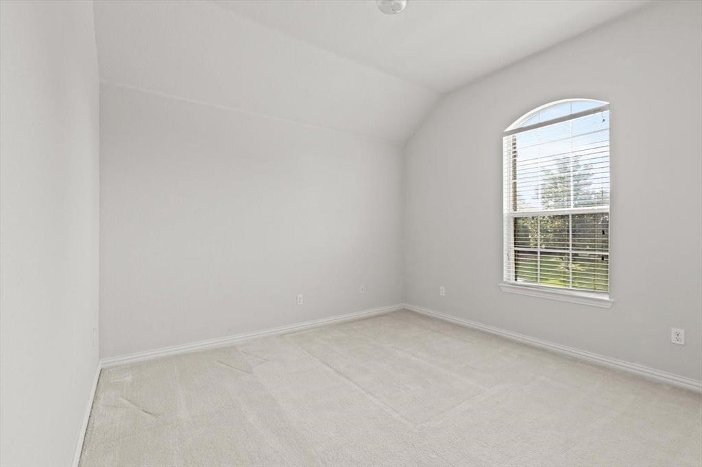 Vaulted ceiling, neutral wall tones, wall-to-wall carpeting, and an arched window