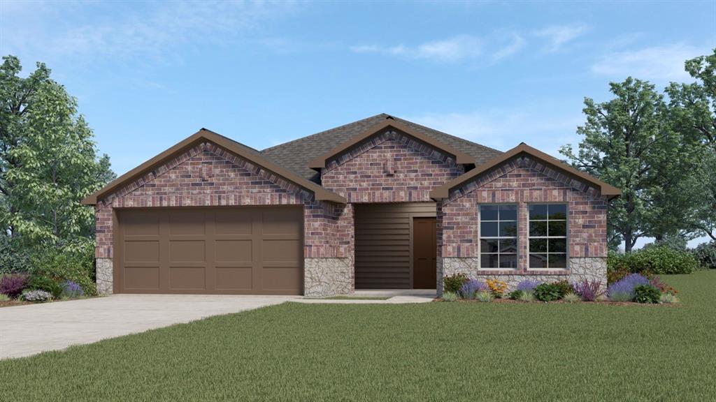 Single-story exterior featuring multi-gabled brick and stone masonry, a two-car garage with paneled doors, and double-pane windows