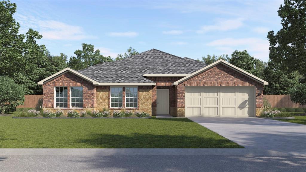 Single-story residence featuring a brick and stone exterior with a gabled roofline