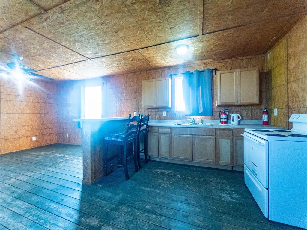 Oriented strand board (OSB) interior walls and ceiling, wood-plank flooring, cabinetry with bar-style counter, and integrated electric range