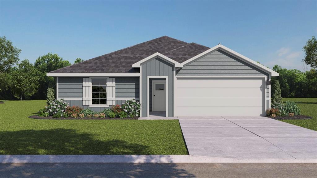 Single-story residence featuring grey horizontal lap and vertical board-and-batten siding, asphalt shingle roofing, decorative window shutters, and a two-car garage Single-story residence featuring grey horizontal lap and vertical board-and-batten siding, asphalt shingle roofing, decorative window shutters, and a two-car garage