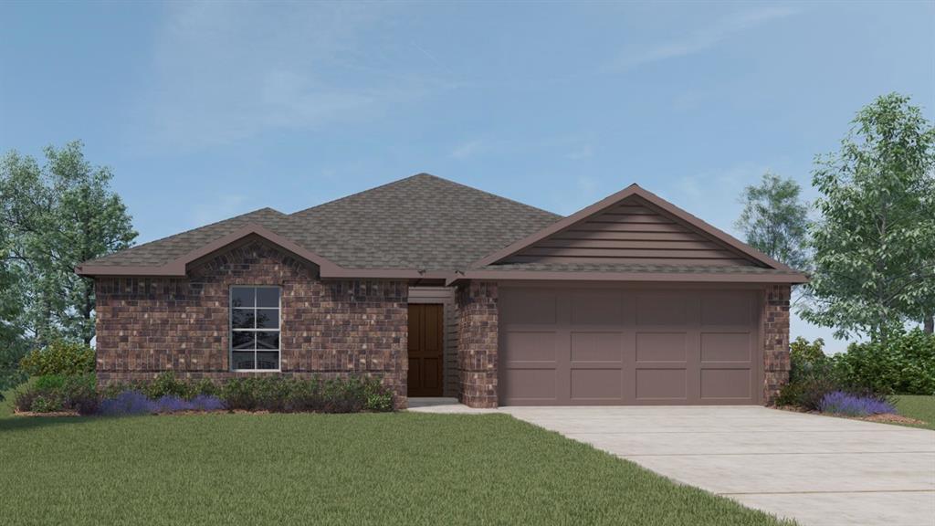 Single-story exterior featuring a brick facade, horizontal siding gable accents, a concrete driveway, and a multi-car garage