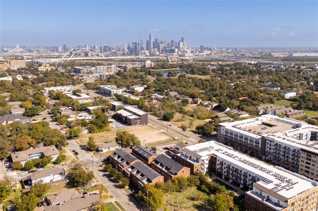 Aerial perspective of urban landscape featuring skyline panorama and mature canopy coverage