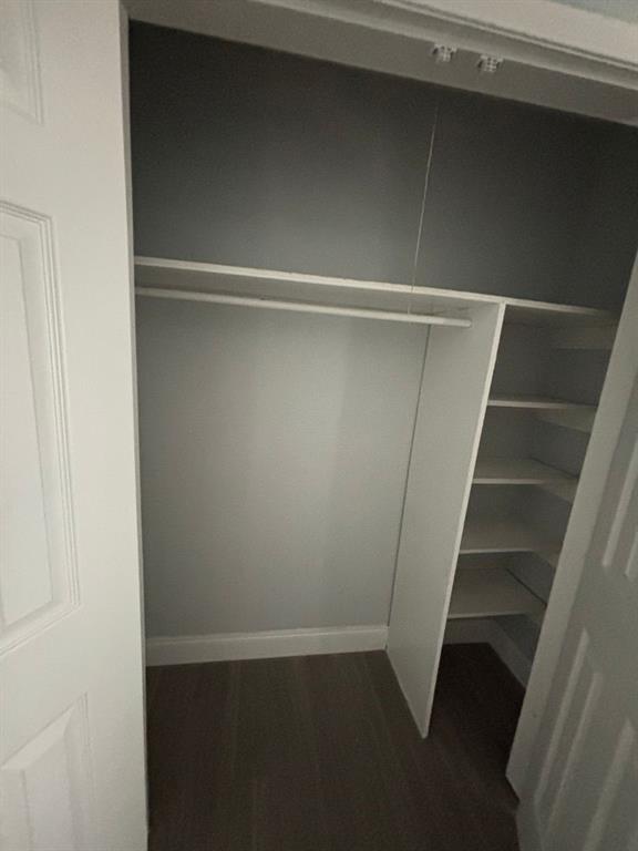 Reach-in closet featuring white built-in shelving, a full-width garment rod, and wood-finish flooring