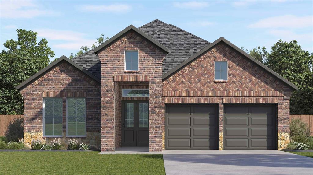 Brick and stone exterior featuring a multi-gabled roofline, herringbone masonry accents, and a two-car garage