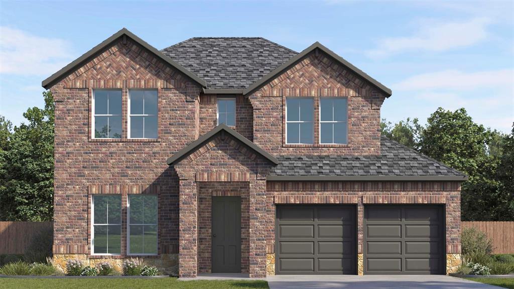 Two-story brick exterior featuring a multi-gabled roofline, herringbone masonry accents, and a two-car garage Two-story brick exterior featuring a multi-gabled roofline, herringbone masonry accents, and a two-car garage