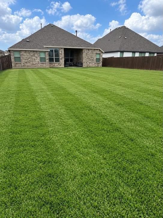 Rear view showing the covered patio and the expansive, freshly striped lawn.