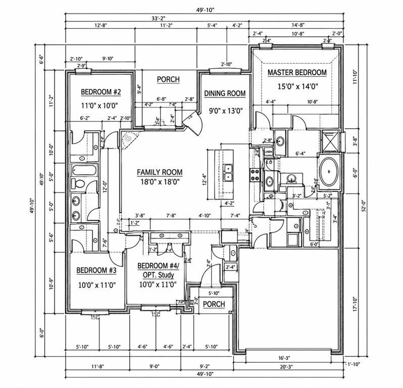 Floor plan showing the open family room, 4 bedrooms including an optional study, and a split primary suite.