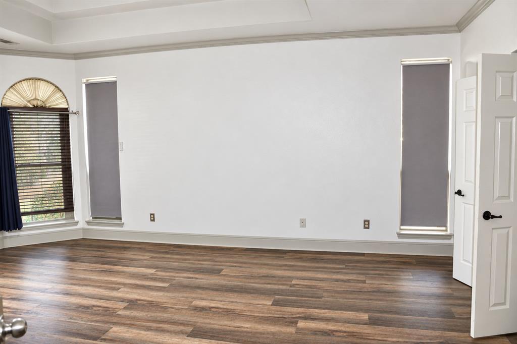 Tray ceiling, wood-finish flooring, and multi-pane windows with arched transom