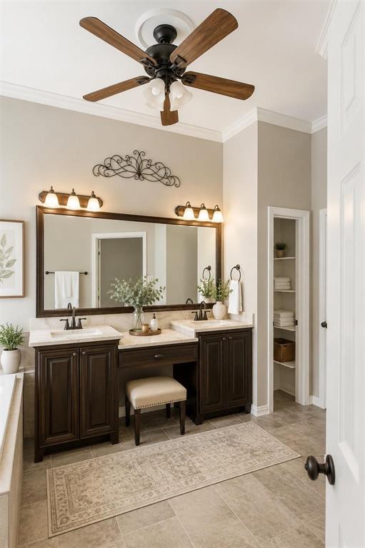 Spa-like bathroom with dual vanity, ample storage and great lighting.