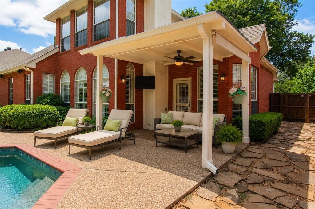 Covered back patio steps from the pool - lounge, grill and relax in the shade. Virtually staged.