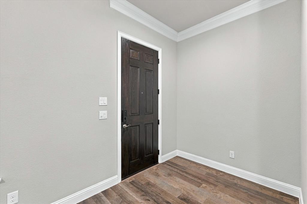 Dark-toned six-panel door with metallic hardware, neutral wall paint, crown molding, and wood-finish flooring