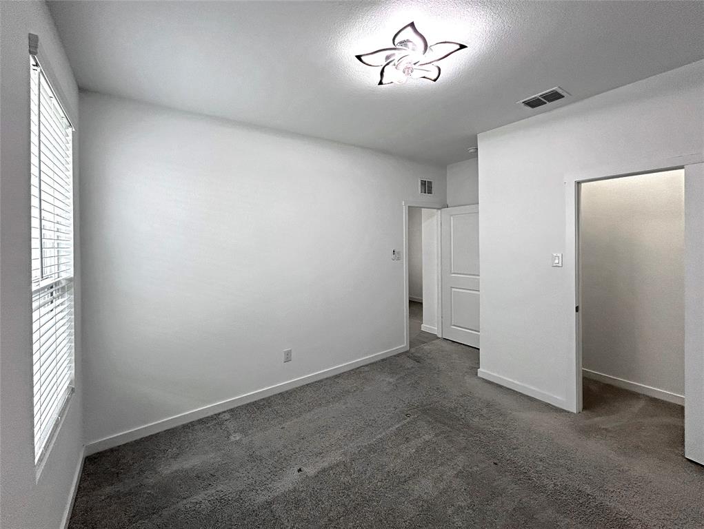 Neutral-toned interior space featuring neutral carpeting, a dual-pane window with installed blinds, a decorative petal-style ceiling light fixture, and a built-in walk-in closet