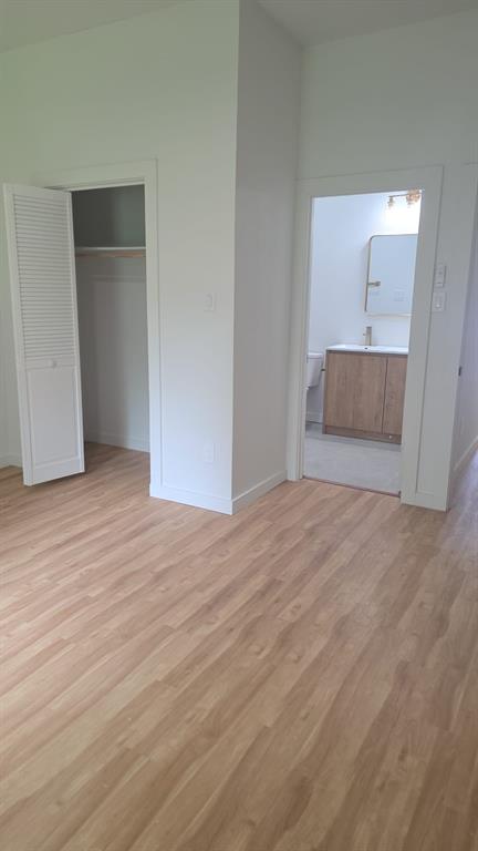 Wood-finish flooring, louvered closet door, vanity with wood-finish cabinetry, rectangular mirror, and light-toned hard-surface flooring