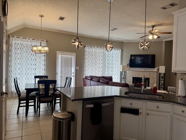 Kitchen featuring a dark stone countertop, white cabinetry, and stainless steel dishwasher