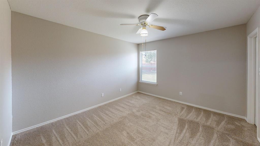 Neutral interior space featuring textured wall finishes, plush carpeting, a centered ceiling fan with integrated light fixture, and a single-pane window