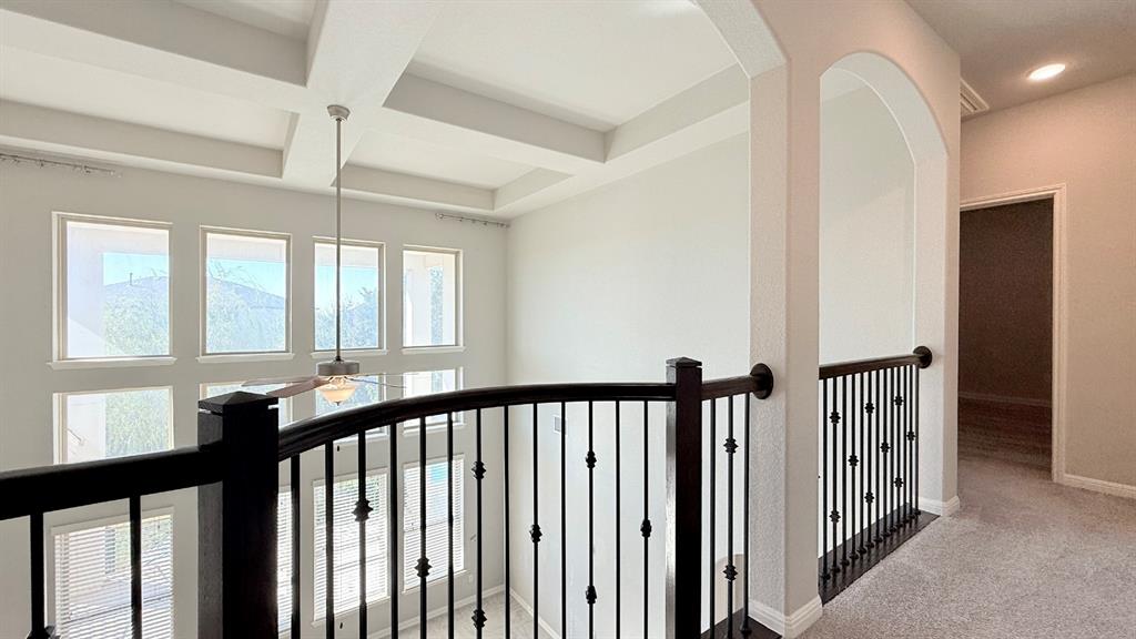 Coffered ceiling, multi-pane windows, and black metal balustrade featuring decorative detailing