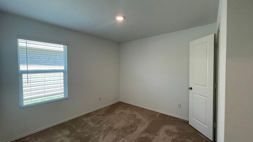 Neutral-toned wall paint, neutral carpeting, single-pane window with installed blinds, and a white interior door with a silver-finish knob