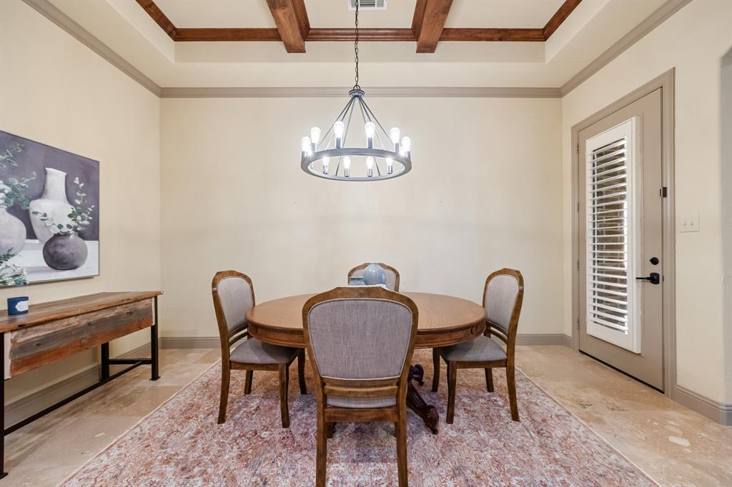 Large Dining Room with Stained Beams on ceiling