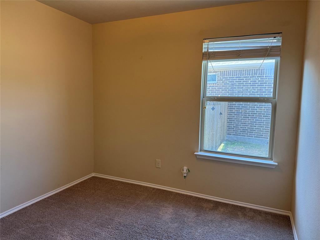 Room featuring neutral wall tones, carpeted flooring, and a single-hung window with horizontal blinds