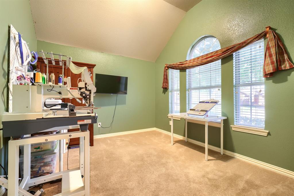 Vaulted ceiling room featuring carpeted flooring and an arched window with tripartite window panes Vaulted ceiling room featuring carpeted flooring and an arched window with tripartite window panes