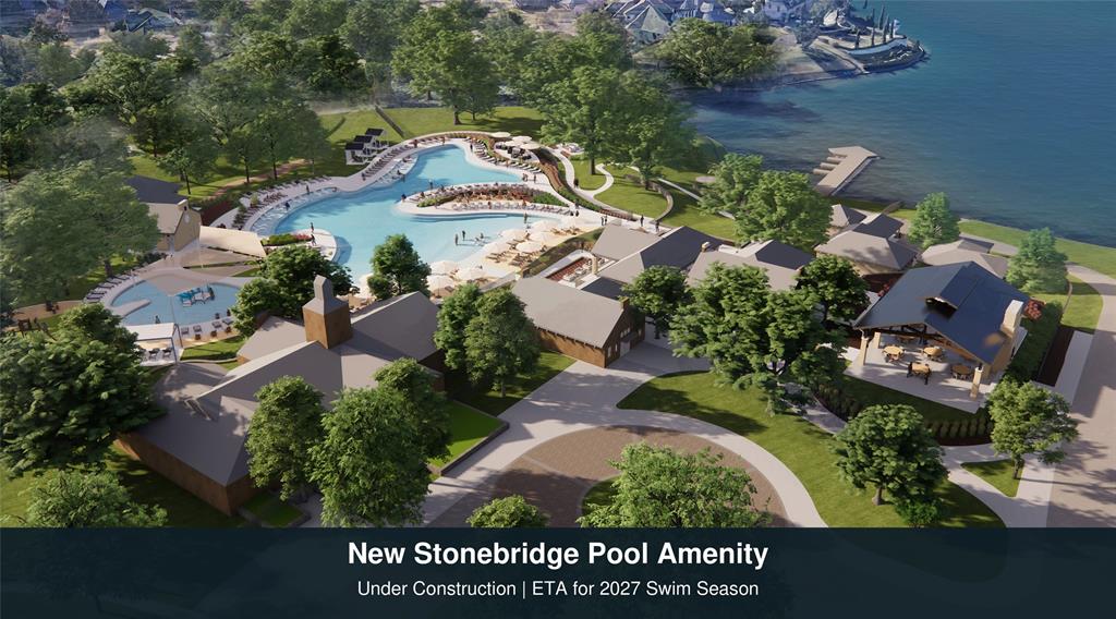 Expansive swimming pool complex featuring a multi-tiered design, dedicated pavilion with integrated stone fireplace, surrounding hardscaped pathways, mature landscaping, and bulkhead waterfront access