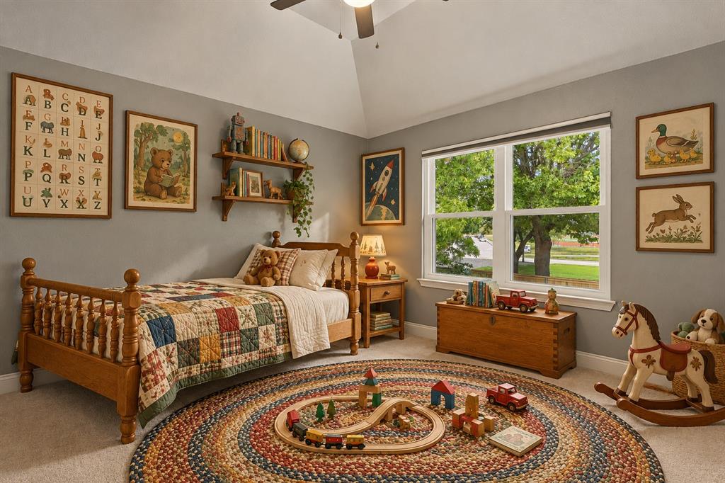 Vaulted ceilings, neutral wall palette, double-pane windows, wall-mounted wood shelving, and carpeted flooring