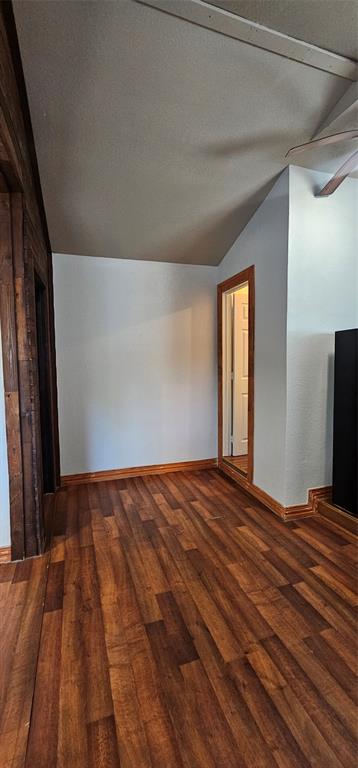 Vaulted ceilings, wood-finish flooring, and natural wood door casing