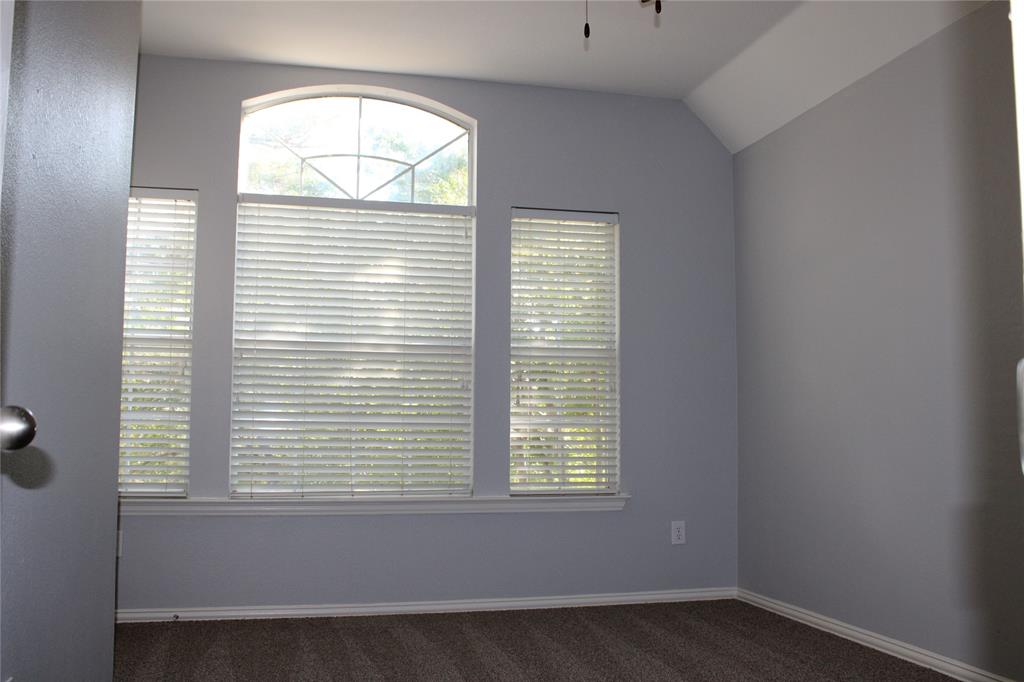 Room featuring a vaulted ceiling, arched window, wall-to-wall carpeting, and horizontal blinds