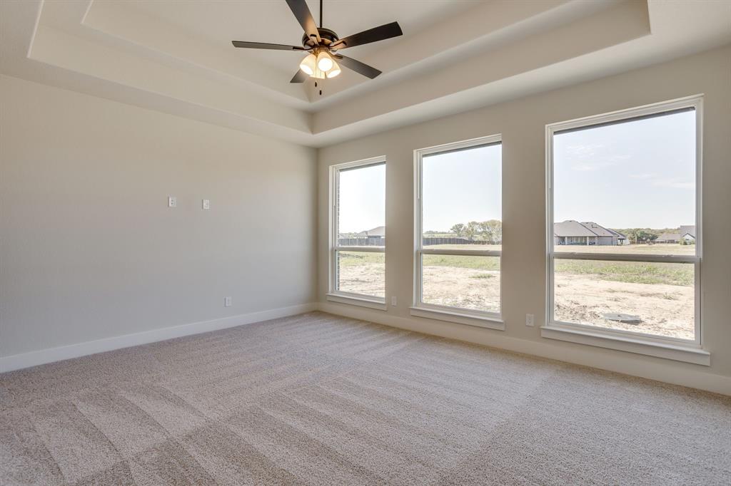 Tray ceiling, central ceiling fan with integrated lighting, neutral wall-to-wall carpeting, and triple-pane windows providing natural light