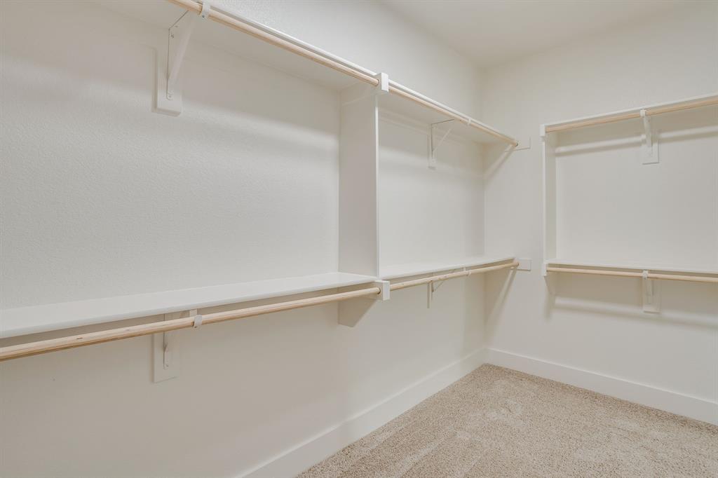 Storage area featuring white built-in shelving, wooden garment rods, and wall-to-wall carpeting