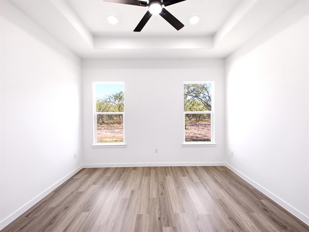 Tray ceiling featuring a central ceiling fan and recessed lighting, paired with wood-finish flooring and dual windows