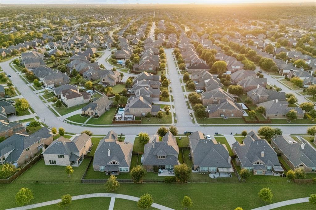 Aerial perspective showcases the established neighborhood and surrounding North Texas community.