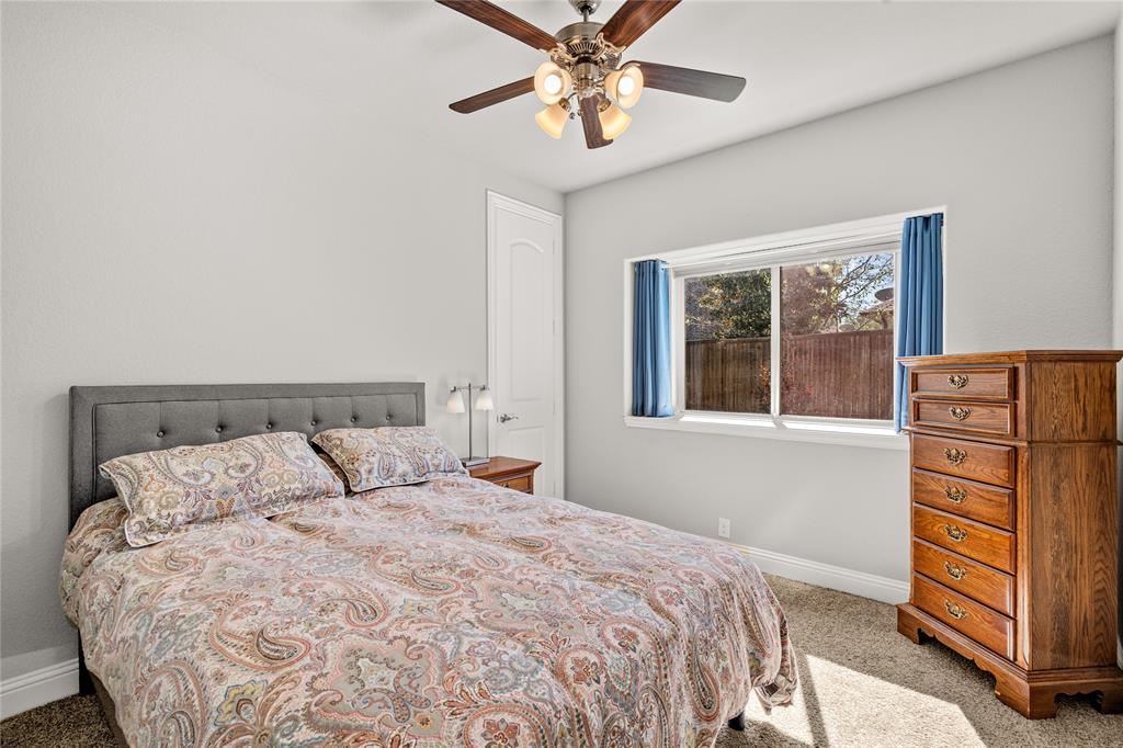 Room featuring neutral wall tones, carpeted flooring, a ceiling fan with integrated lighting, and a single-panel arch-top interior door