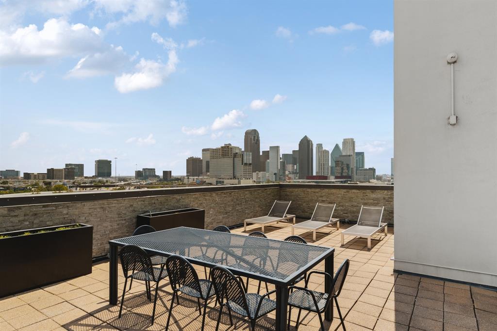 Rooftop terrace with paver flooring and cityscape backdrop