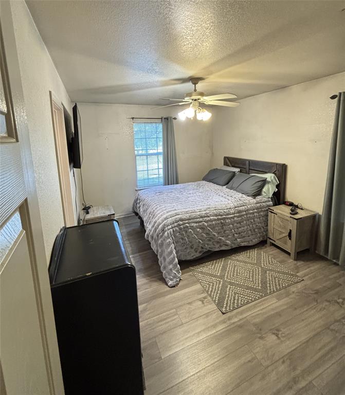 Primary bedroom wood-finish flooring, ceiling fan with integrated lighting, and single-pane window