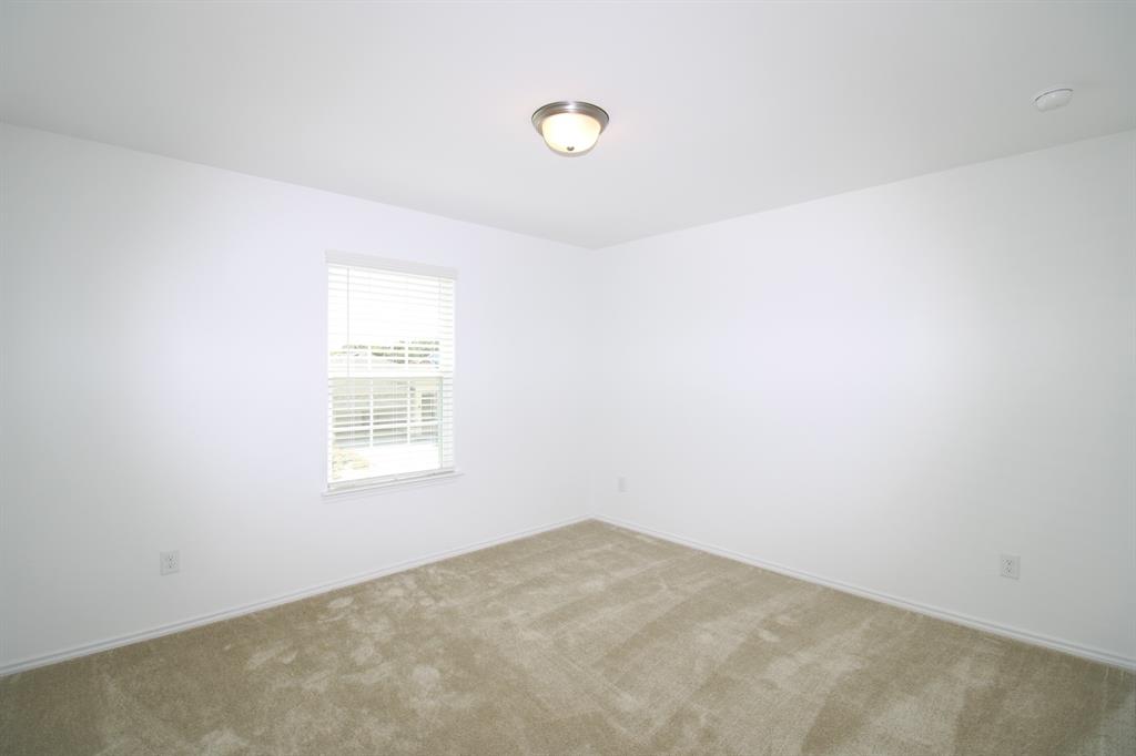 Neutral-toned carpeted flooring, single-pane window with installed blinds, and ceiling-mounted dome lighting