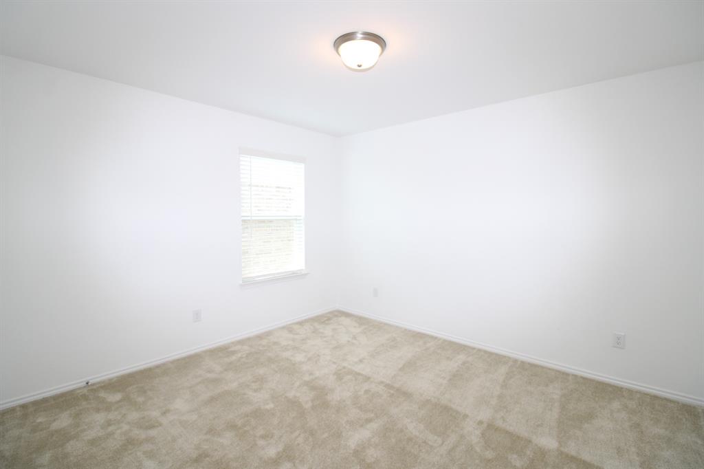 Neutral-toned wall-to-wall carpeting, single-pane window with integrated blinds, and flush-mount ceiling light fixture