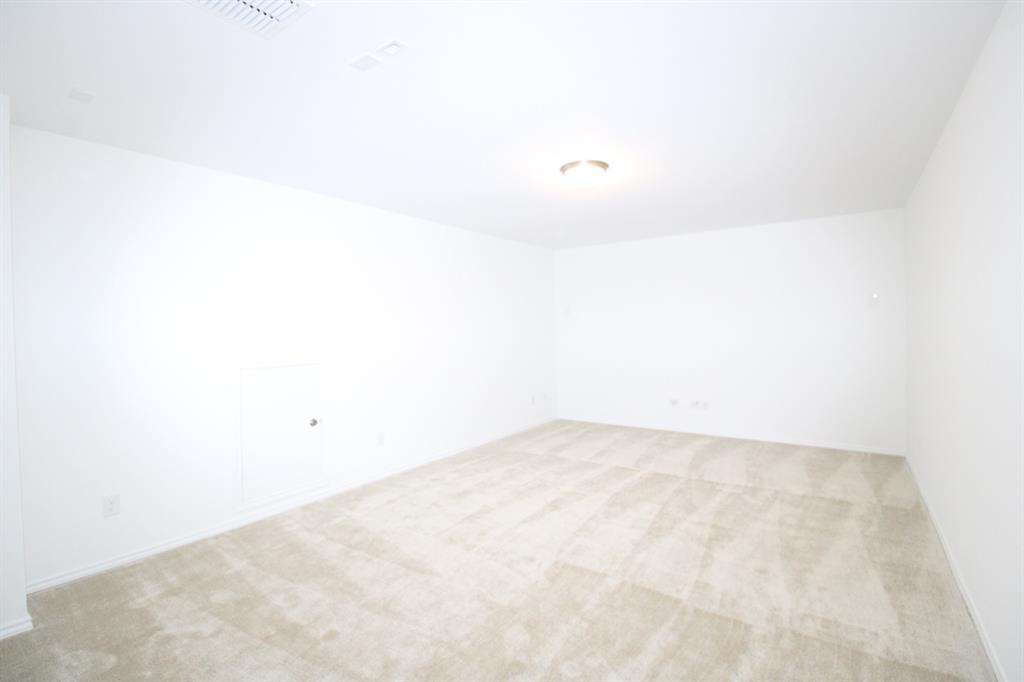 Neutral-toned wall-to-wall carpeting, crisp white walls, and a ceiling-mounted light fixture