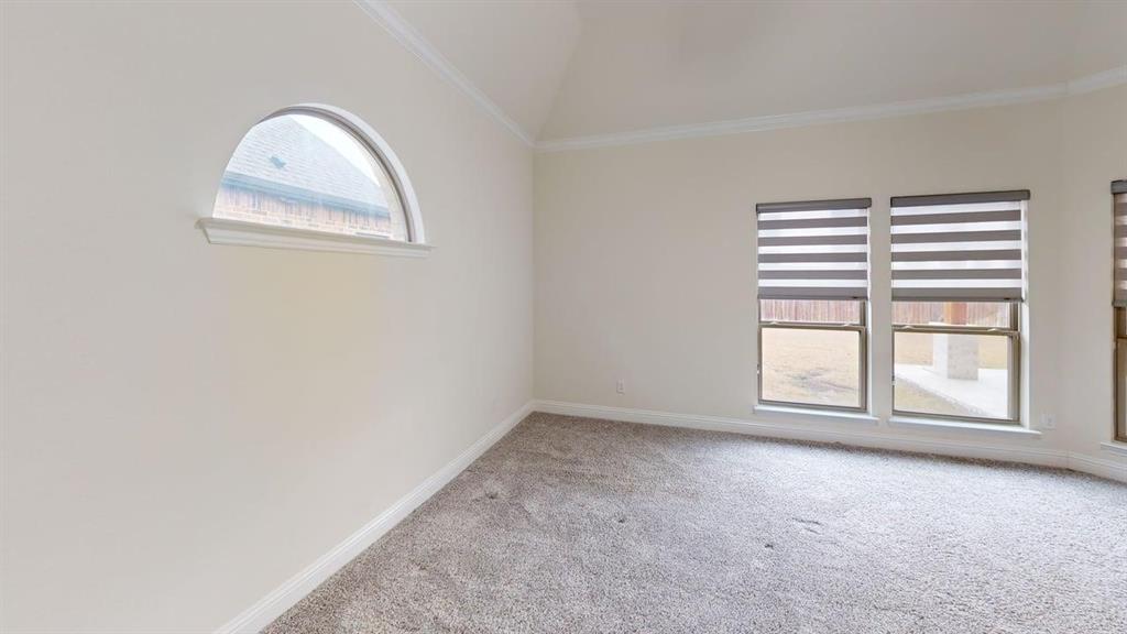 Vaulted ceiling, arched window, wall-to-wall carpeting, and multi-paned windows